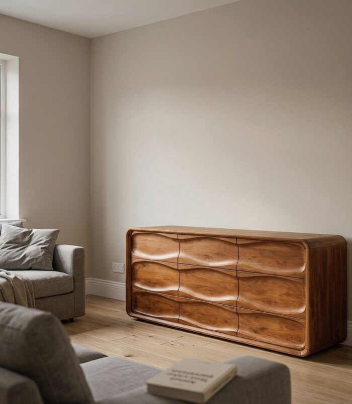Contemporary Bedroom Dresser With Embossed Grain Front And Curved Corners