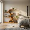 Artistic Curved Bookshelf, Contemporary Natural Wood Open Bookcase Display Stand for Modern Living Room