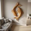 Contemporary Wood Wall Sculpture With Carved Koi Fish Design For Living Room And Office
