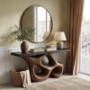 Artistic Sculptural Console Table, Abstract Hollow Wood Base Entryway Table for Living Room