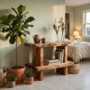 Artistic Solid Wood Display Shelf, Large Handcrafted Wooden Bookshelf & Storage Rack for Living Room