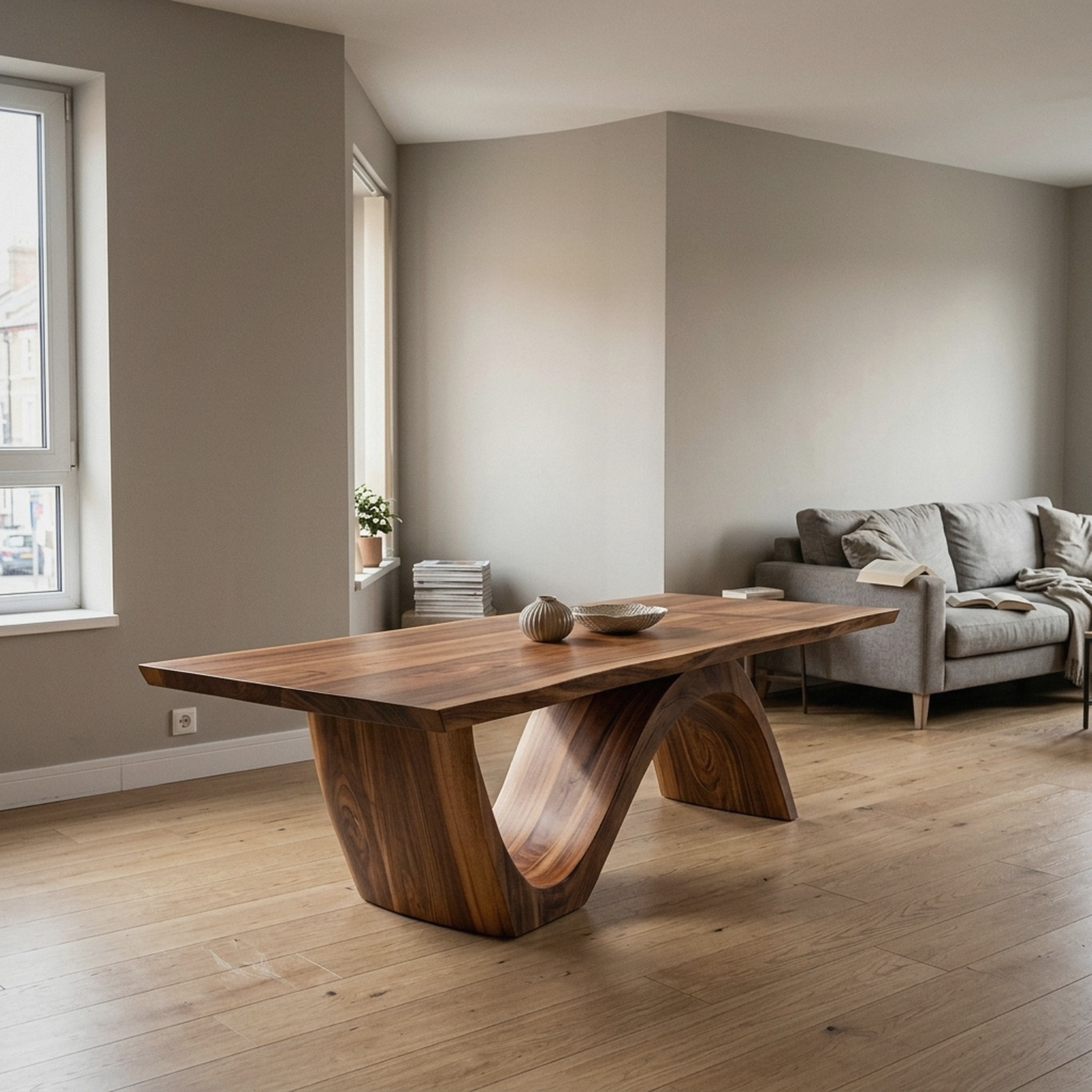 3_b8edf780.jpg Contemporary Curved Base Wood Dining Table For Dining Area