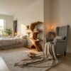 Artistic Curved Bookshelf, Contemporary Natural Wood Open Bookcase Display Stand for Modern Living Room