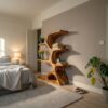 Artistic Curved Bookshelf, Contemporary Natural Wood Open Bookcase Display Stand for Modern Living Room