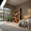 Artistic Curved Bookshelf, Contemporary Natural Wood Open Bookcase Display Stand for Modern Living Room