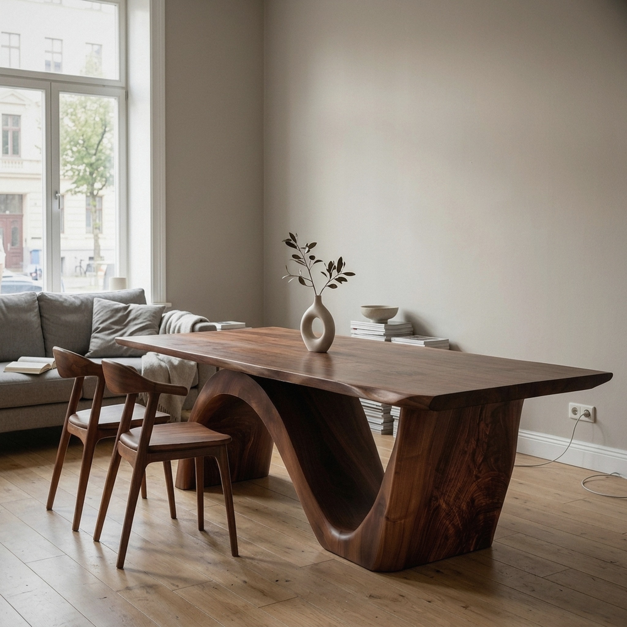 7_6061652c.jpg Contemporary Curved Base Wood Dining Table For Dining Area