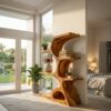 Artistic Curved Bookshelf, Contemporary Natural Wood Open Bookcase Display Stand for Modern Living Room