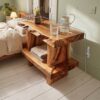 Artistic Solid Wood Display Shelf, Large Handcrafted Wooden Bookshelf & Storage Rack for Living Room