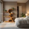 Artistic Curved Bookshelf, Contemporary Natural Wood Open Bookcase Display Stand for Modern Living Room